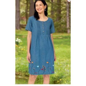Vermont Country Store L denim Floral Embroidered cottagecore pintuck mini dress